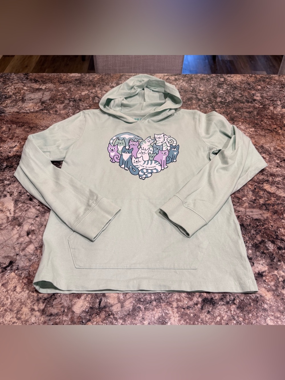 Life Is Good Mint Green Kids Hoodie with Cat Heart Graphic